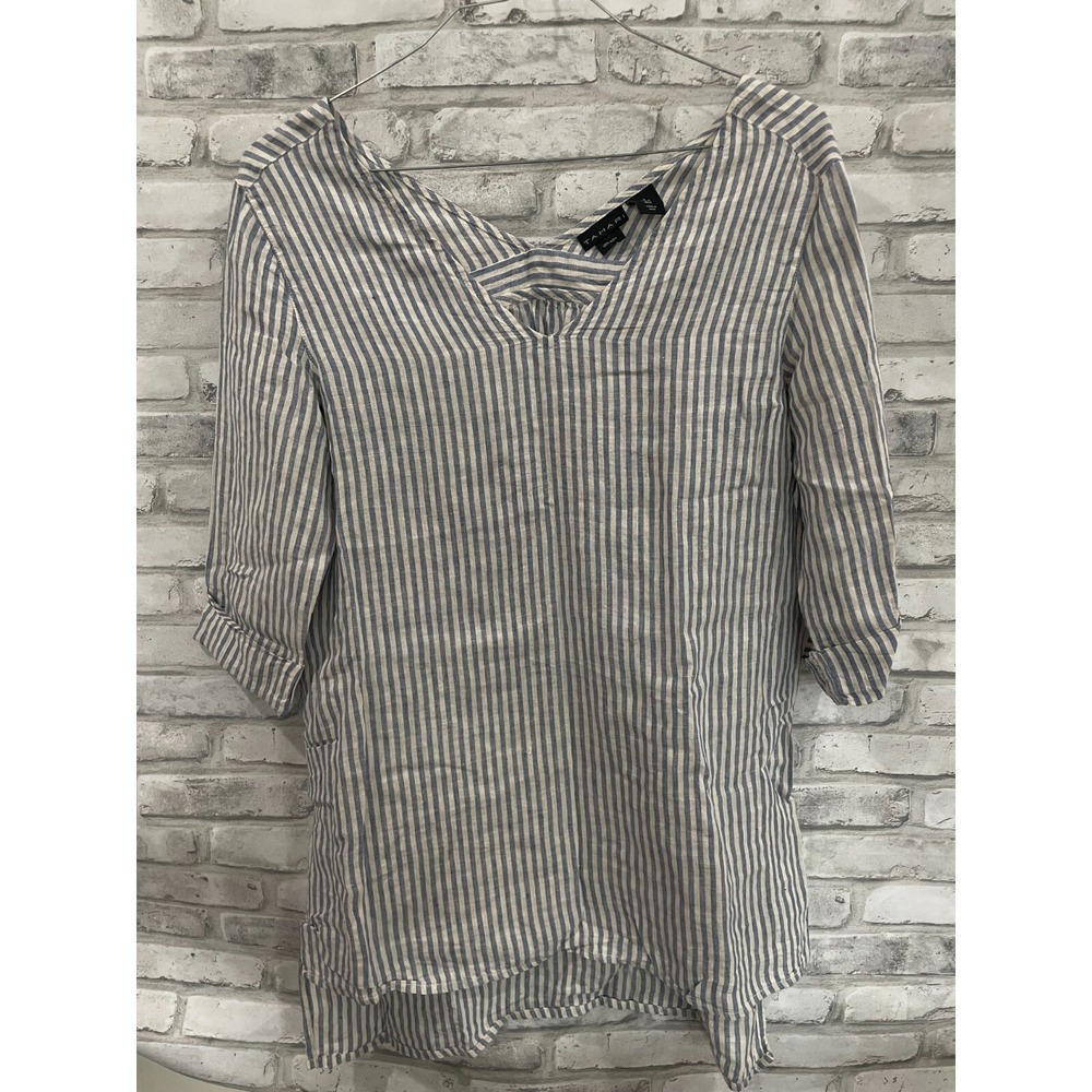 Tahari 100% Linen Striped Shell Button‎ Shirt Women Size S White Blue